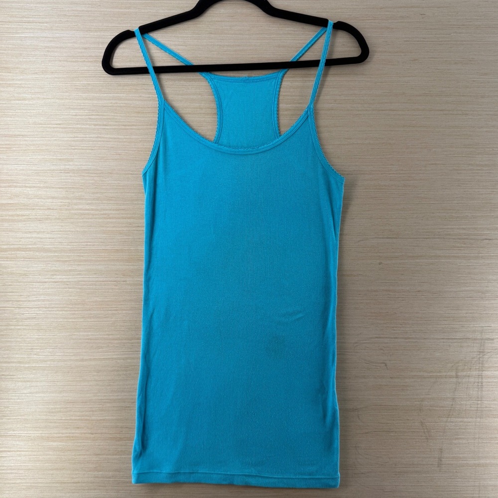 Womens Turquoise Blue Ribbed Racerback Tank Top Picot Trim Slim Fit Picot Trim